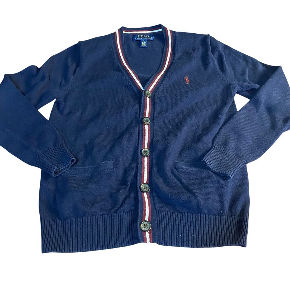 Polo Ralph Lauren dark blue red white striped cotton‎ cardigan sweater SIZE M